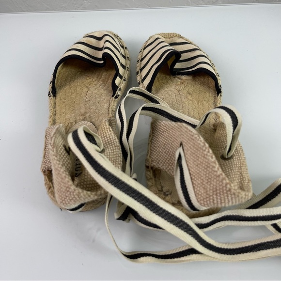 Soludos Shoes Espadrille Ankle Flats‎ Tie Striped Black White Tan Cream - Picture 7 of 12